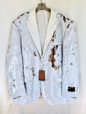 Albert Nardoni Collection Italy White & Gold Sequin Blazer & Bowtie